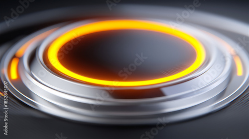 Abstract glowing circular ring with metallic texture and bright orange illumination, symbolizing energy, motion, innovation and modern technology with sleek futuristic visual design.