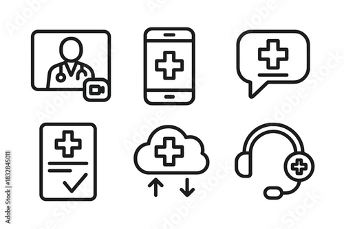 Medical technology icons: telemedicine, cloud, mobile apps, chat support, doctor symbol