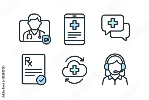 Medical icon set featuring doctor, smartphone, prescription, cloud sync, and customer support