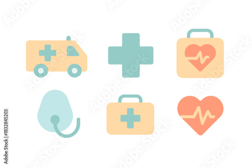 Neon medical icons with ambulance, cross, stethoscope, first aid, heartbeat symbols