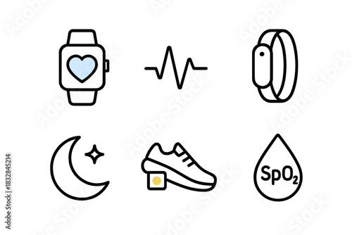 Smart wearable health icons: heart rate, fitness tracker, and sleep monitoring symbols