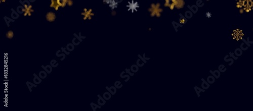 Abstract winter background with falling golden and silver snowflakes and stars on a dark blue background. Festive Christ