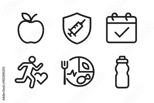 Health icon set: apple, vaccine, calendar, running, nutrition, water bottle