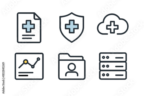 Healthcare technology icons illustrating security, cloud, data, and analytics concepts