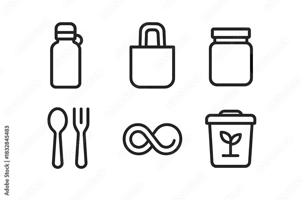 Fototapeta premium Minimalist eco-friendly icons with water bottle, tote bag, and recycle bin