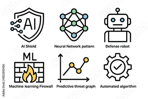 Ai symbols: neural network, defense robot, machine learning, predictive graph, automated algorithm