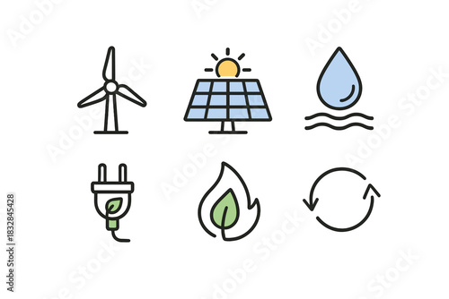 Renewable energy icons: wind, solar, water, electric, biomass, and recycling symbols