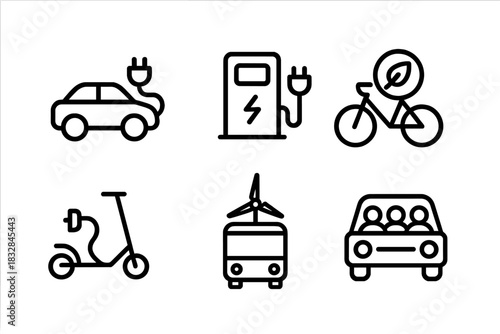 Sustainable transportation icons: electric car, charging station, bike, scooter, wind-powered bus, rideshare