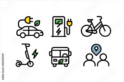 Eco-friendly transportation icons: car, electric, bike, scooter, bus, rideshare