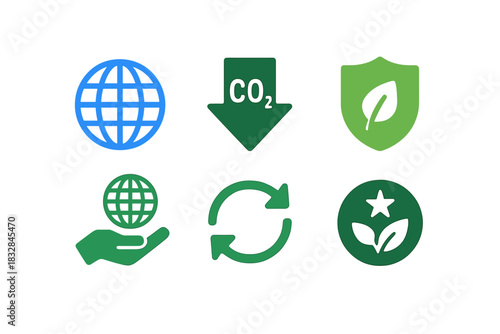 Eco-friendly icons: sustainability, recycling, climate action, renewable resources