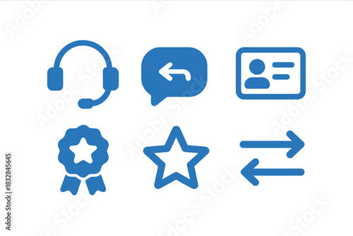 Blue service and communication icons with headset, badge, and star symbols