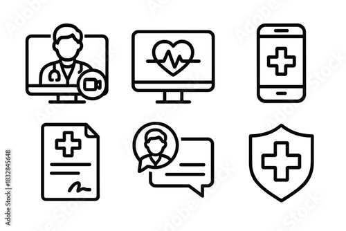Healthcare icons: telemedicine, heart monitor, mobile health, medical document, consultation, security