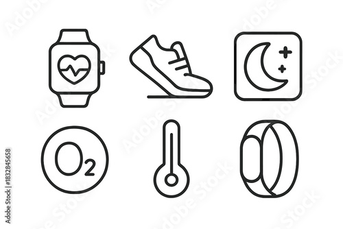 Health and fitness icons: smartwatch, shoe, sleep, oxygen, thermometer, ring