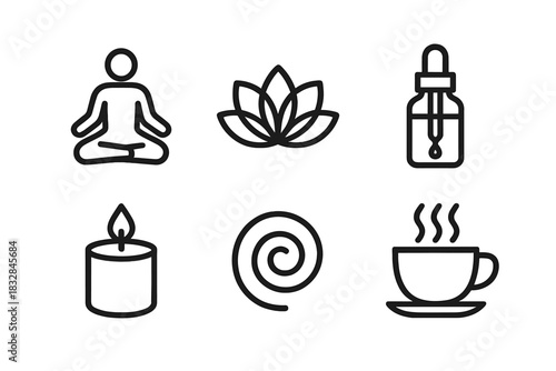 Icons of meditation, aromatherapy, candle, lotus, spiral, tea on black background