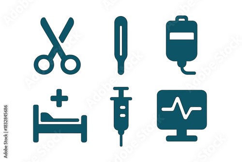 Medical equipment icons: scissors, thermometer, iv, bed, syringe, monitor