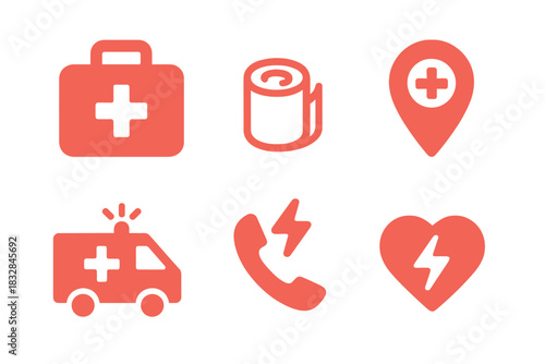 Glowing red medical icons set on black background