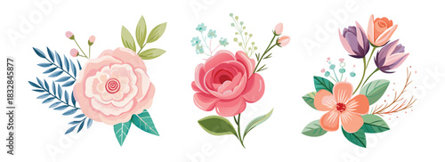 Watercolor floral arrangement with roses, petals, leaves, and buds on a white background
