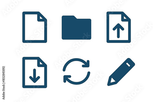 Digital file and folder icons with upload, download, sync, and edit symbols