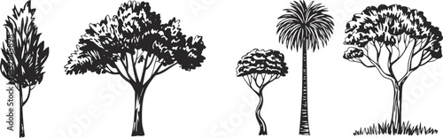 Black and white illustration of five different trees