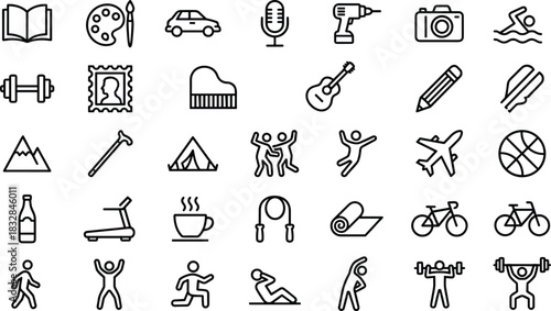 Activity icons, hobby symbols, fitness gestures, lifestyle illustrations, sports graphics, movement icons, outline style, cad drawing flat vector illustration