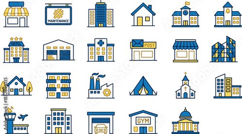 Building icons, facility symbols, urban structures, public spaces, architecture graphics, city elements, cad drawing flat vector illustration