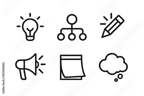 Creative icons set: lightbulb, organizational chart, pencil, megaphone, sticky note, thought bubble