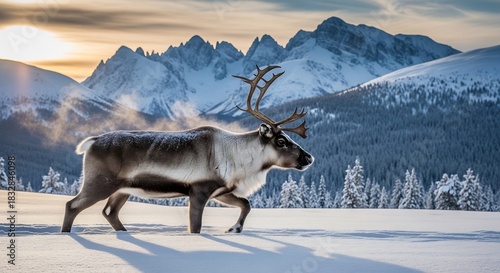 Caribou strides across a snowy field mountains rise in the background