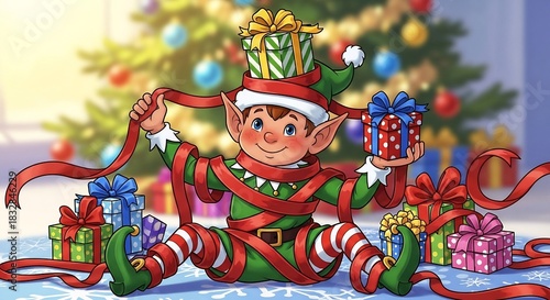 Cartoon elf tangled in red ribbon sits amidst gifts before a Christmas tree backdrop