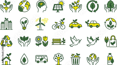 Eco icons, sustainability symbols, green energy, recycling, nature conservation, renewable resources, environment care, climate action, clean living, cad drawing flat vector illustration