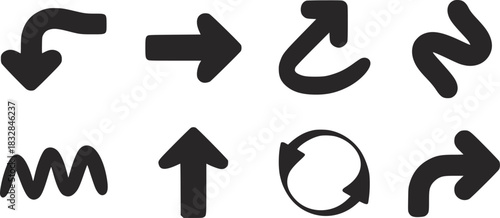 Set of eight dark gray arrow icons in various shapes and directions