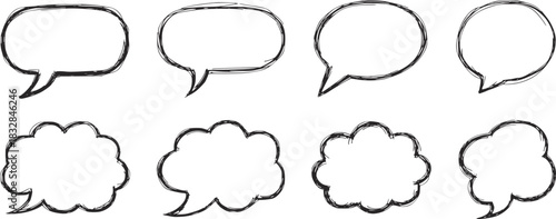 Set of eight black and white hand drawn speech bubbles