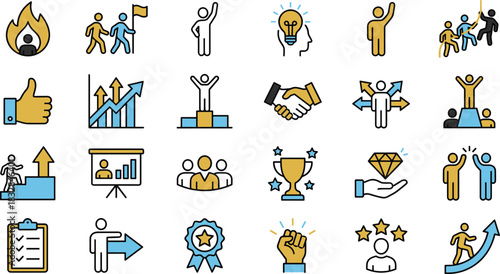 Motivation icons, achievement symbols, leadership elements, teamwork line art, personal growth vector, outline style, cad drawing flat vector illustration