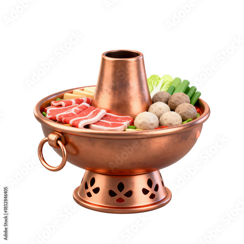 Traditional Copper Hot Pot (Loaded with Meat Slices, Meatballs & Vegetables, Featuring Handle & Decorated Base) – For Cuisine & Dining Visual Concepts