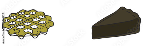 Waffle with eyes and slice of dark cake food