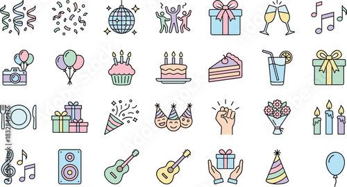 Party icons, celebration symbols, festive graphics, birthday elements, music and dance, gift illustration, cad drawing flat vector illustration