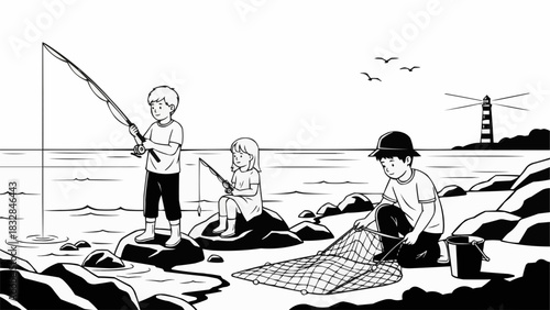 Children fishing by the sea with fishing rods and nets.