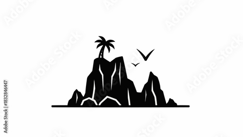 Silhouette of a tropical island with a palm tree and birds flying.