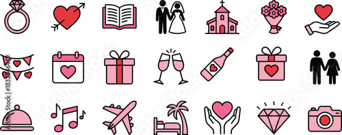 Romantic icons, wedding symbols, love celebration, honeymoon graphics, couple gestures, engagement elements, cad drawing flat vector illustration