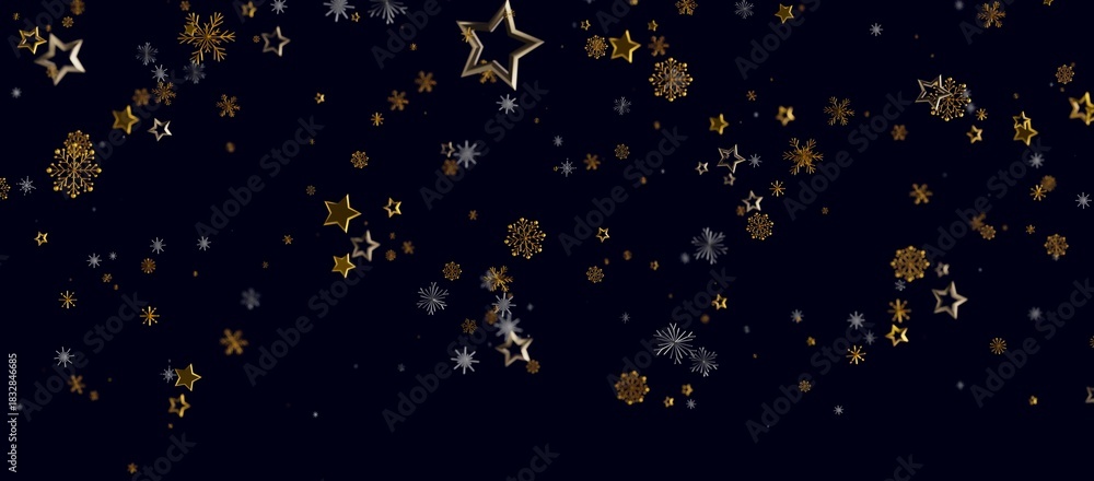 Obraz premium Festive dark blue background with gold and silver stars and snowflakes. Perfect for Christmas, winter holidays, and New