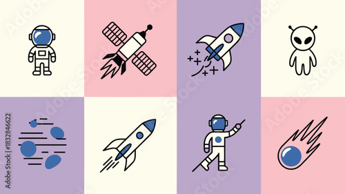 A collection of simple flat vector icons representing space exploration and extraterrestrial life including astronauts rockets satellites aliens asteroids and comets arranged in a grid