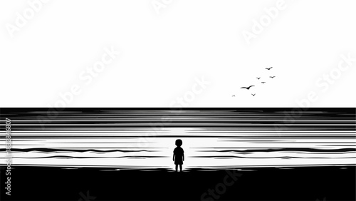 A solitary figure stands on the shore gazing out at the vast ocean.
