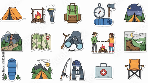 Camping and Outdoor Adventure Stickers - A Collection of Essential Gear and Activities.