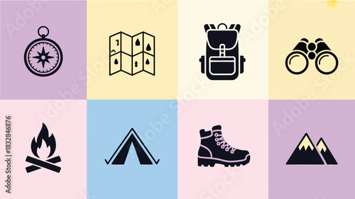 Collection of outdoor adventure icons including a compass map backpack binoculars campfire tent hiking boot and mountains on a pastel grid background