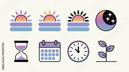 Collection of stylized icons representing time including sunrise sunset moon phases hourglass calendar and clock face with a growing plant sprout