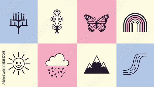 A collection of simple line art icons representing nature and celestial elements set against a pastel colored grid background