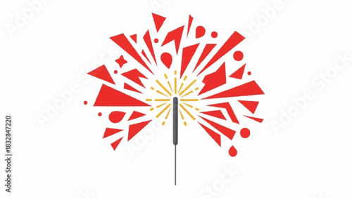 Festive Sparkler with Red Geometric Shapes Bursting Outward.