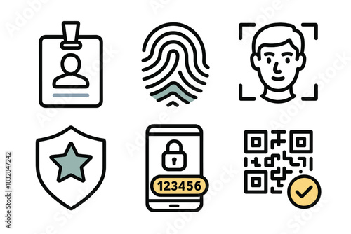 Biometric security icons: fingerprint, facial recognition, qr code, authentication