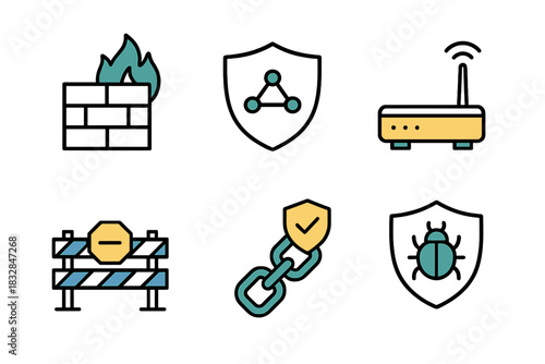Cybersecurity icons set: firewall, network, router, security, bug