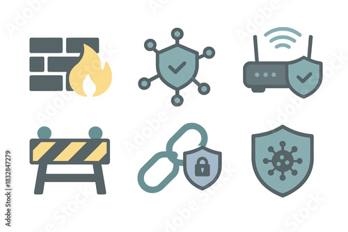 Cybersecurity icons set: firewall, wi-fi, malware shield, secure connection