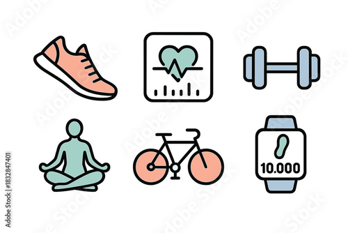 Fitness icons: shoes, heart rate, dumbbells, yoga, bicycle, smartwatch steps